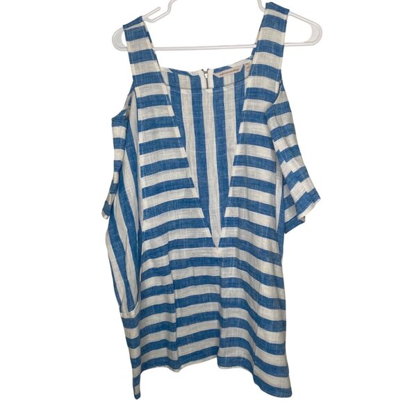 Soft Surroundings Linen Blend Cold-Shoulder Top PXL Blue White Striped Short Sl - Picture 1 of 12
